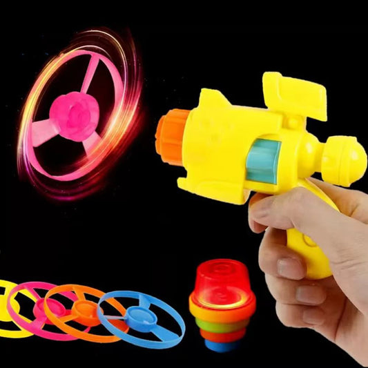 2 in 1 Spinning Top Gun Light-up Disc Flyer Led Flashing Flying Saucer and Flashing Rotating Gyro Toys for Kids