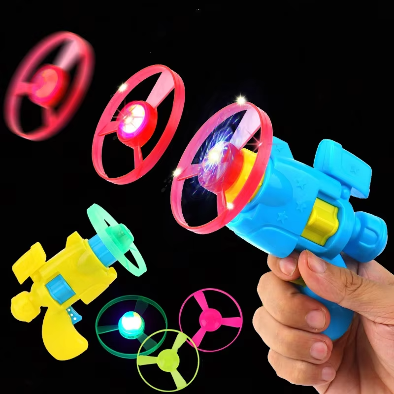 2 in 1 Spinning Top Gun Light-up Disc Flyer Led Flashing Flying Saucer and Flashing Rotating Gyro Toys for Kids