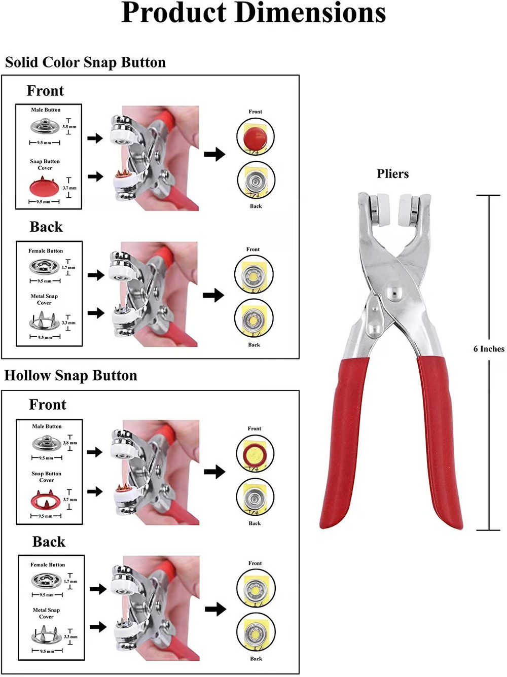 Metal Snaps Buttons With Fastener Pliers Press Tool Kit (10 Colors,9.5mm)