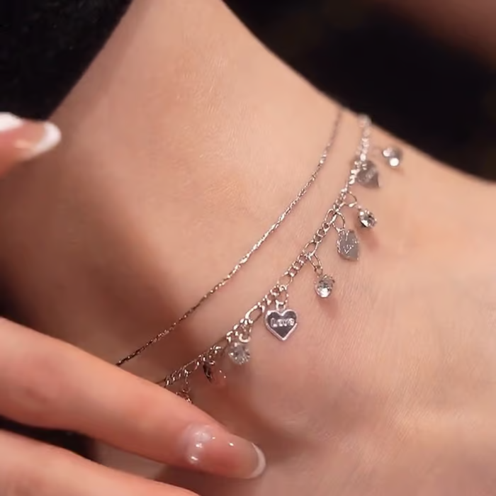 💖 Double-Layered Rhinestone Heart Anklet 💖