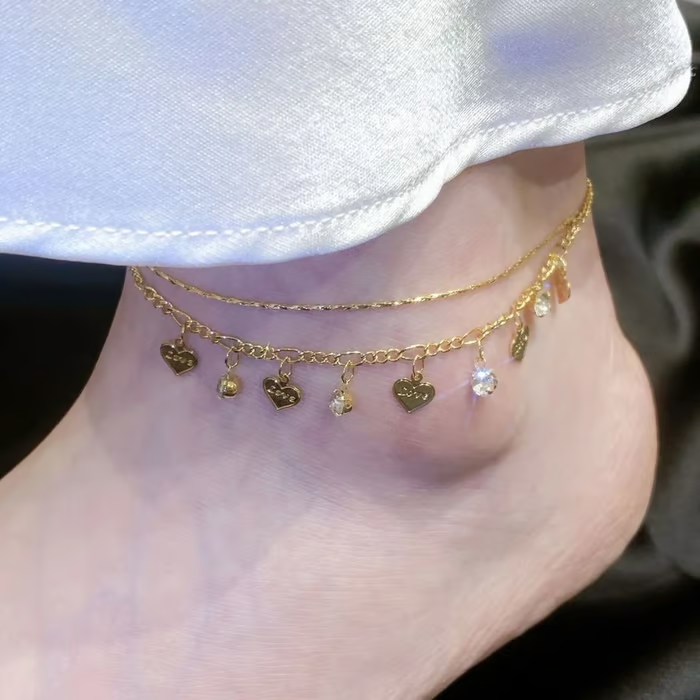 💖 Double-Layered Rhinestone Heart Anklet 💖