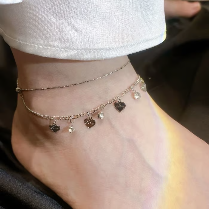 💖 Double-Layered Rhinestone Heart Anklet 💖