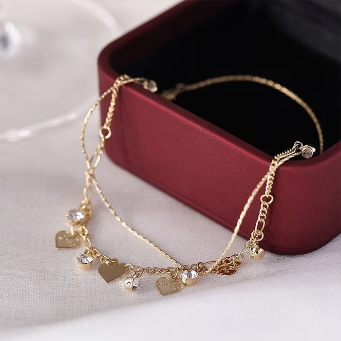 💖 Double-Layered Rhinestone Heart Anklet 💖