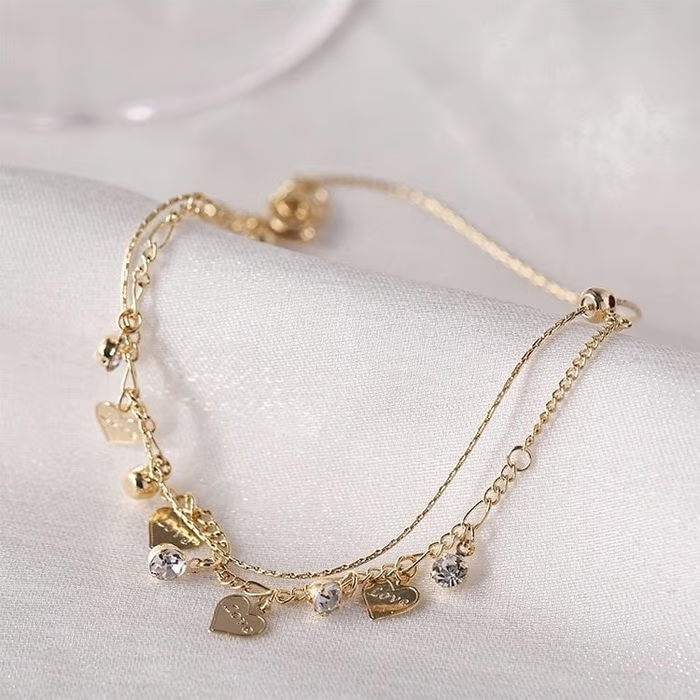 💖 Double-Layered Rhinestone Heart Anklet 💖