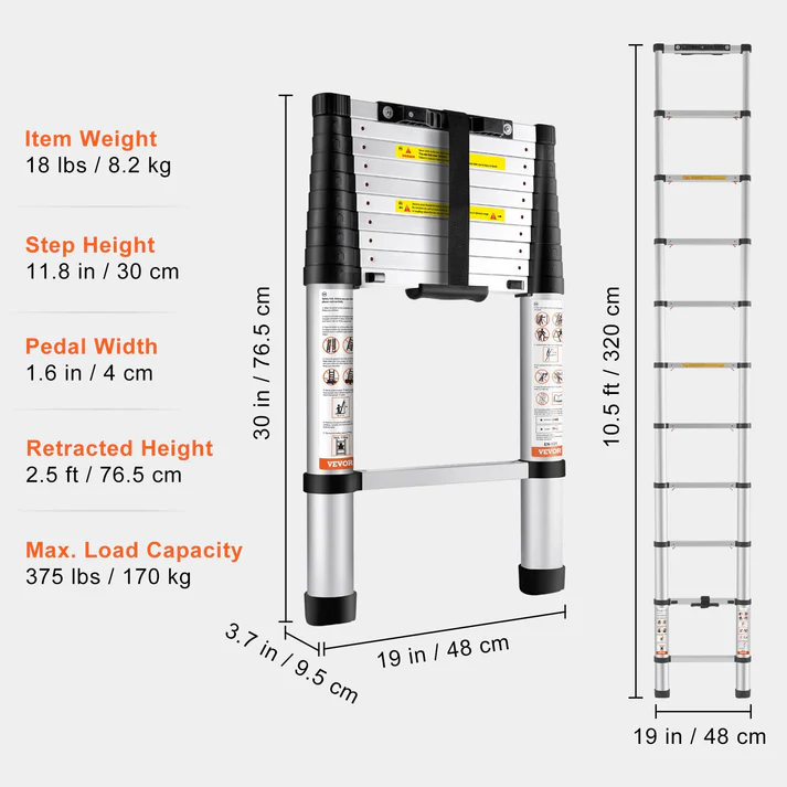 Telescoping Ladder - Max 10.5 FT (3.2meters) & 375 lbs (170 kg)