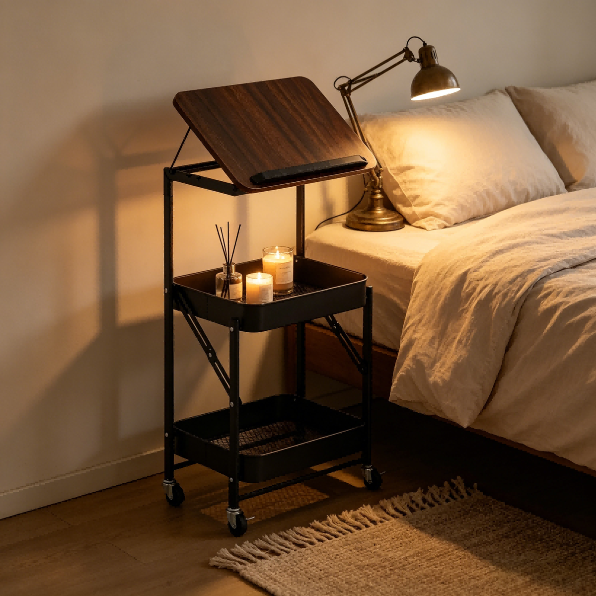 🏡✨ Folding Wheeled Storage Side Table – Stylish & Space-Saving!